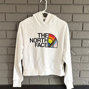 The North Face White Hoodie with Rainbow Logo, cropped fit- Women’s Size SP